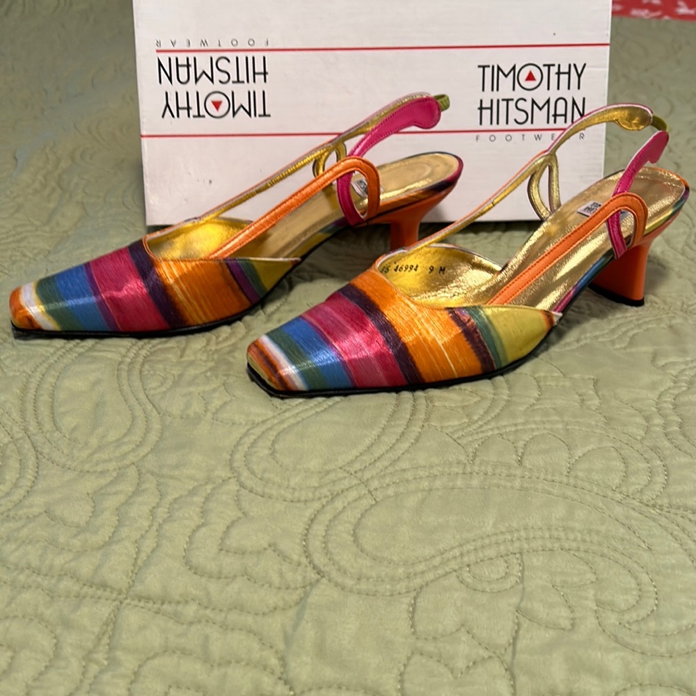 Multi-colored stripe silk heels